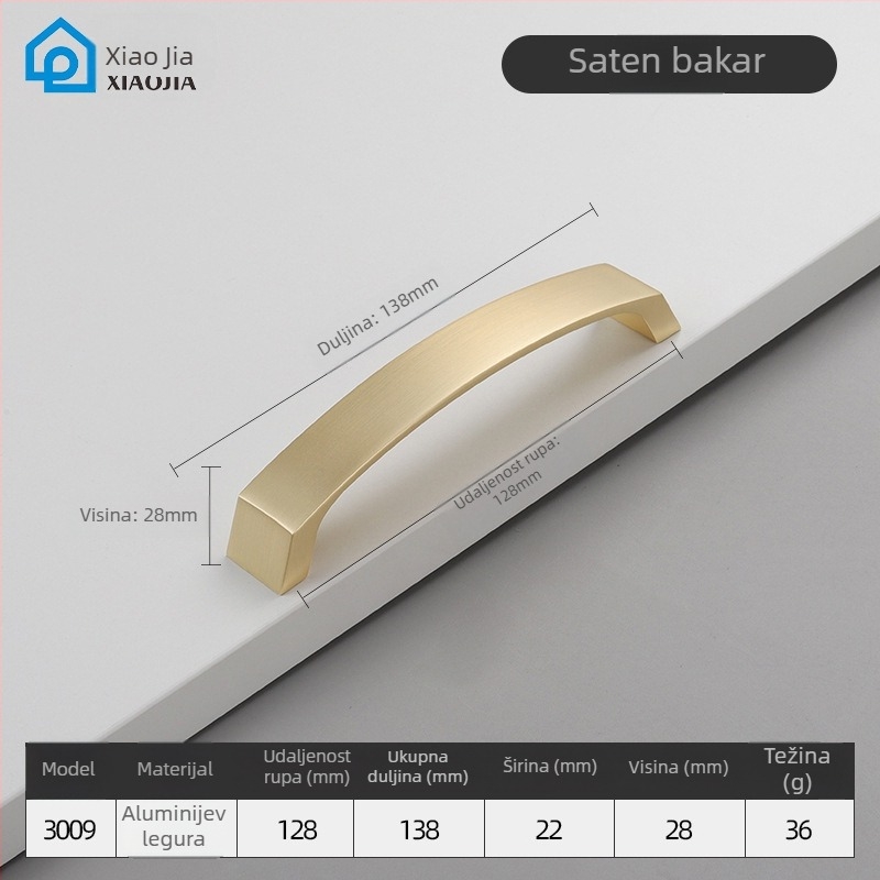 Ručka za vrata garderobnog ormara, aluminijska legura, CNC obrada, šipkast oblik, površinska montaža, model 3009