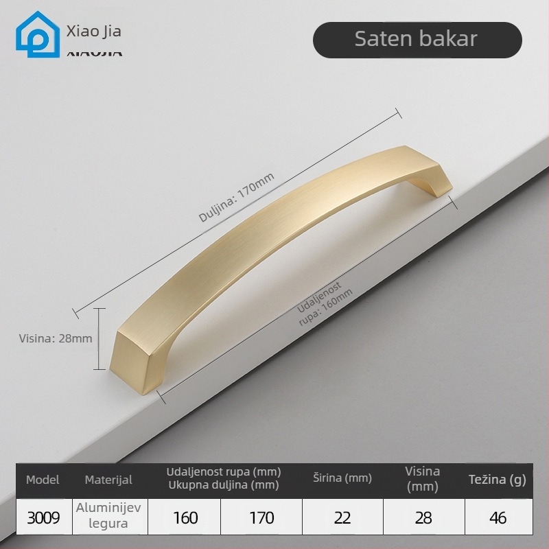 Ručka za vrata garderobnog ormara, aluminijska legura, CNC obrada, šipkast oblik, površinska montaža, model 3009