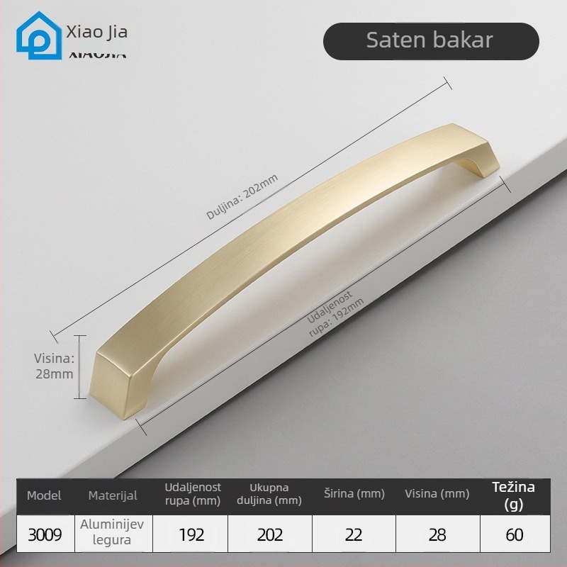 Ručka za vrata garderobnog ormara, aluminijska legura, CNC obrada, šipkast oblik, površinska montaža, model 3009