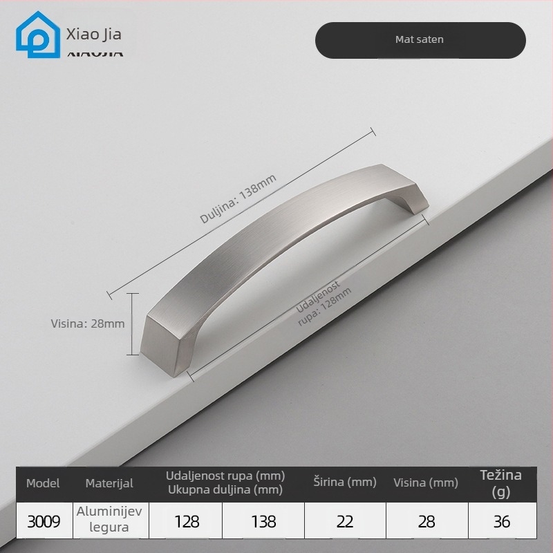 Ručka za vrata garderobnog ormara, aluminijska legura, CNC obrada, šipkast oblik, površinska montaža, model 3009