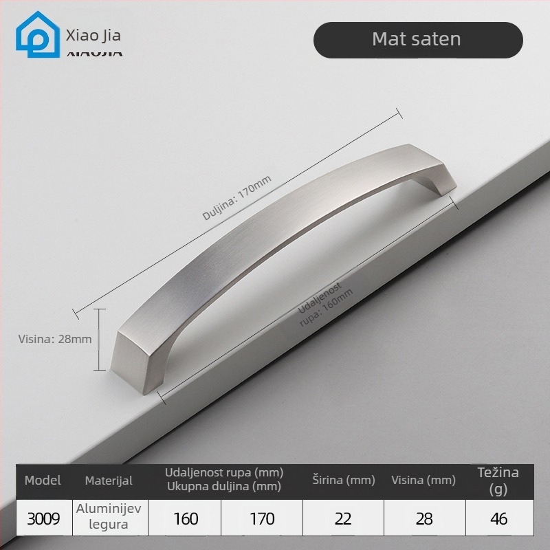 Ručka za vrata garderobnog ormara, aluminijska legura, CNC obrada, šipkast oblik, površinska montaža, model 3009