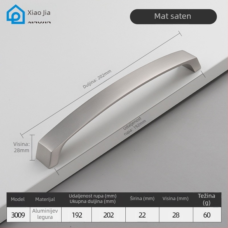 Ručka za vrata garderobnog ormara, aluminijska legura, CNC obrada, šipkast oblik, površinska montaža, model 3009