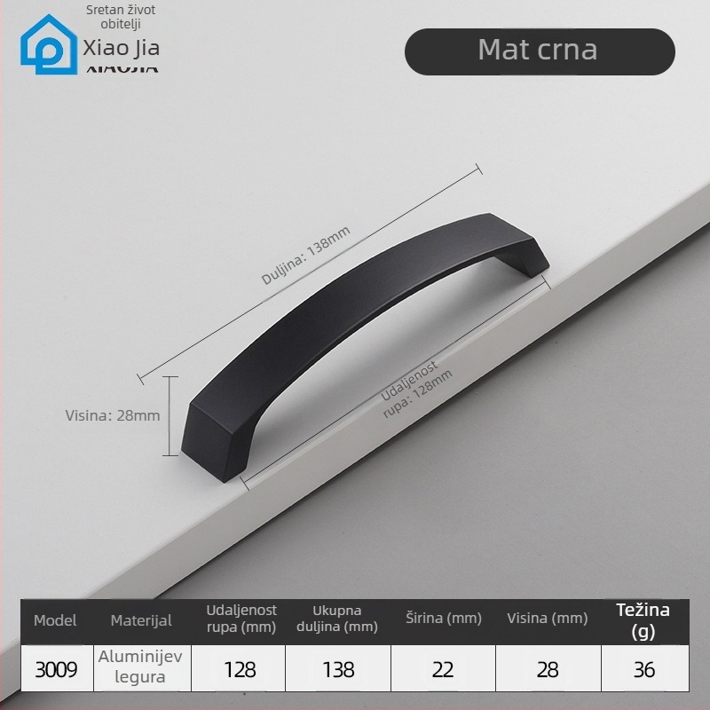 Ručka za vrata garderobnog ormara, aluminijska legura, CNC obrada, šipkast oblik, površinska montaža, model 3009