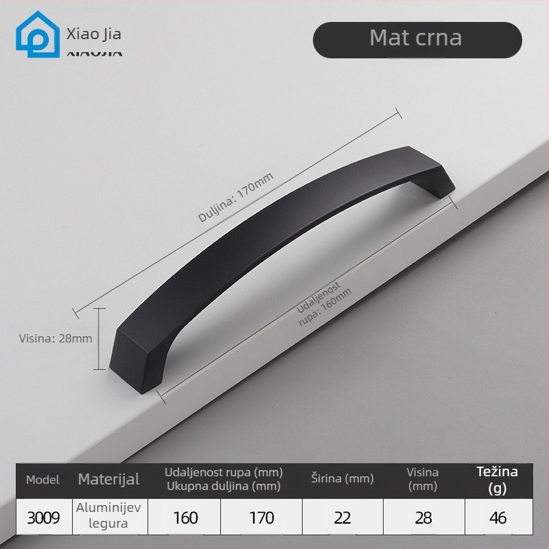 Ručka za vrata garderobnog ormara, aluminijska legura, CNC obrada, šipkast oblik, površinska montaža, model 3009