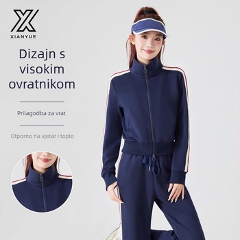 Ženska prugasta jakna sa stojećim ovratnikom, slobodan kroj, dugi rukavi, poliester