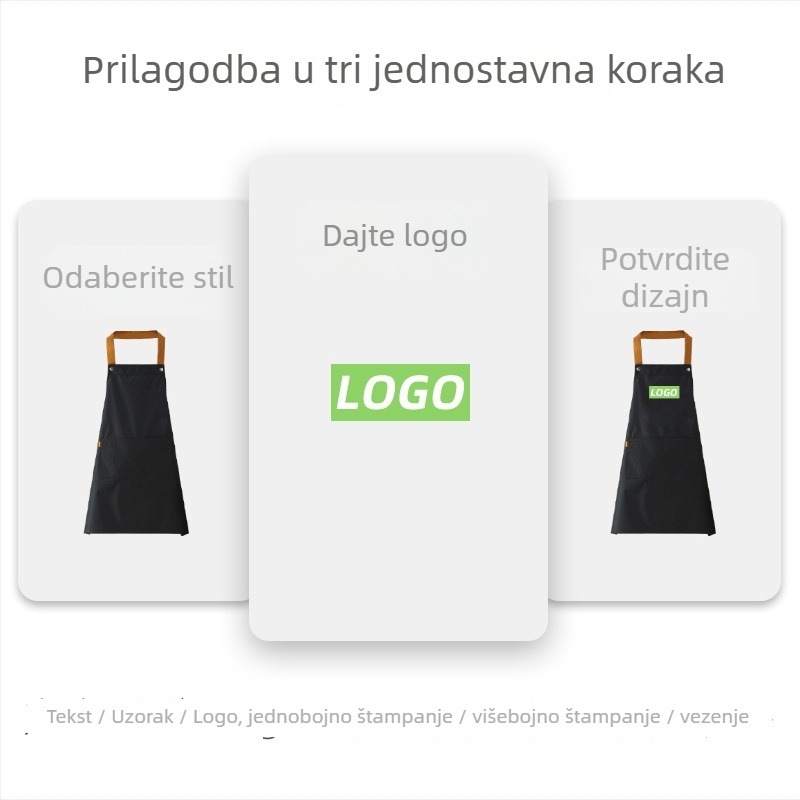 Pregača bez rukava s prilagođenim logotipom, vodonepropusna i otporna na masnoće, materijal: poliester + PVC, moderan minimalistički stil, jednobojni dizajn