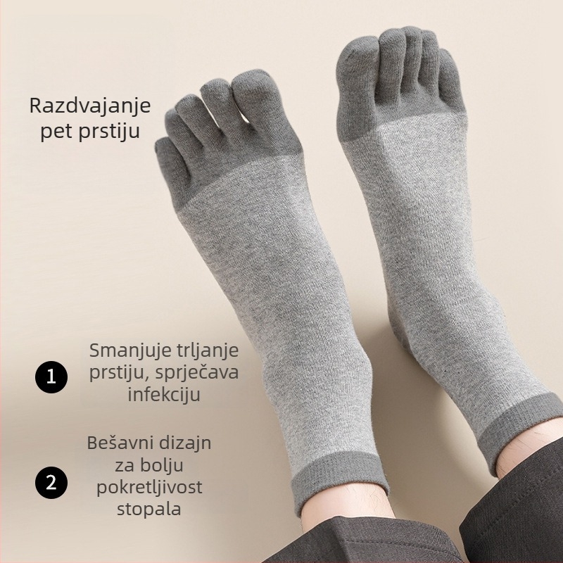 Muške čarape s podijeljenim prstima, srednje dužine, pamuk, antibakterijske i dezodorizirajuće, brzo suše, 70–80% pamuk, pletene jednom iglom, 168 igala
