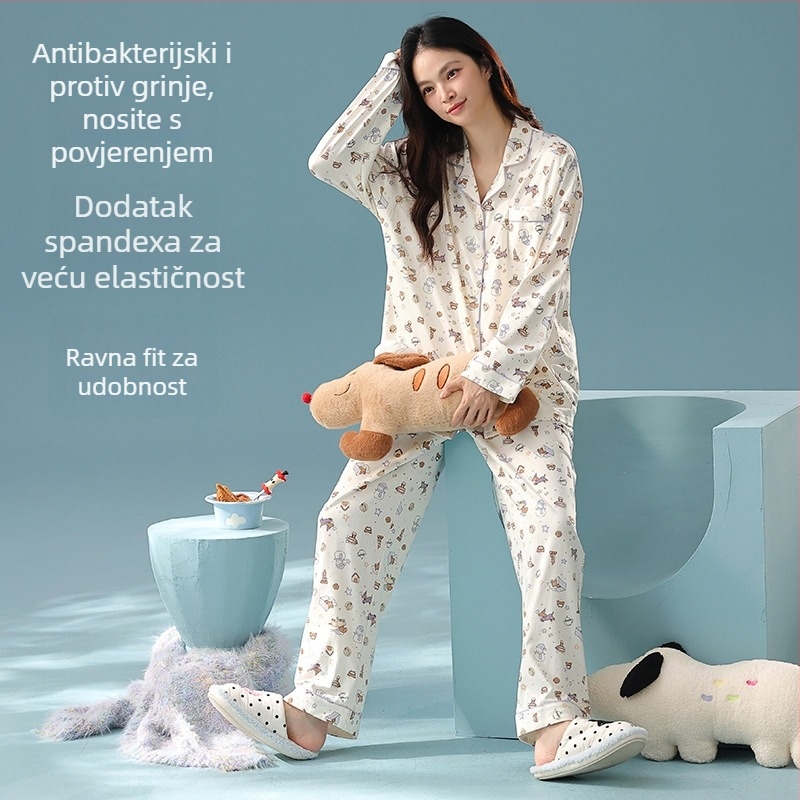 Ženski antibakterijski pamučni pidžama set s dugim rukavima, tip A, za kućnu upotrebu, s nježnom mašnicom