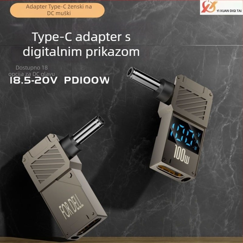 One Core Type-C na DC digitalni adapter s LCD zaslonom, PD 100W brzo punjenje, pretvarač napajanja za prijenosno računalo