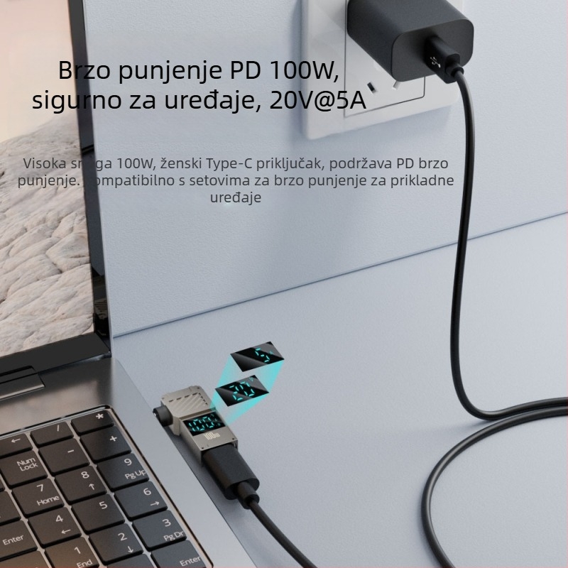 One Core Type-C na DC digitalni adapter s LCD zaslonom, PD 100W brzo punjenje, pretvarač napajanja za prijenosno računalo