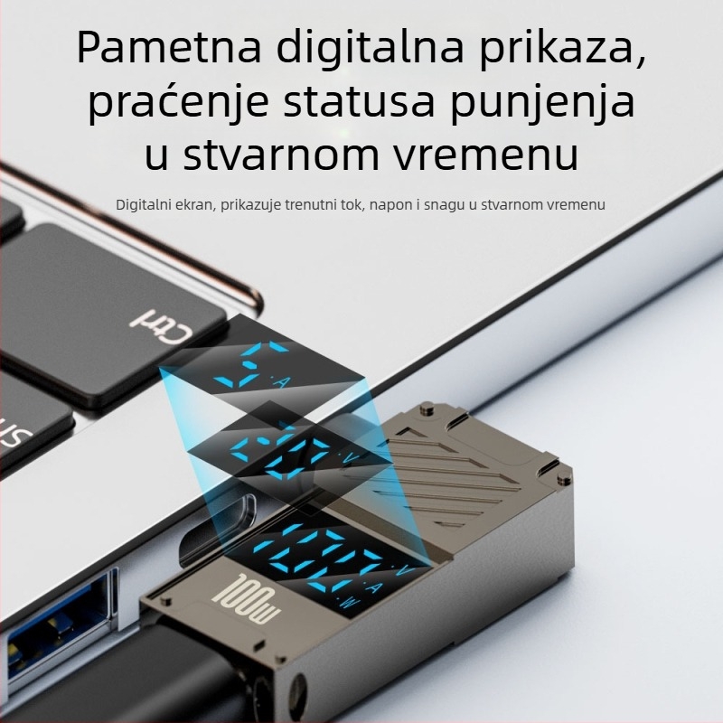One Core Type-C na DC digitalni adapter s LCD zaslonom, PD 100W brzo punjenje, pretvarač napajanja za prijenosno računalo