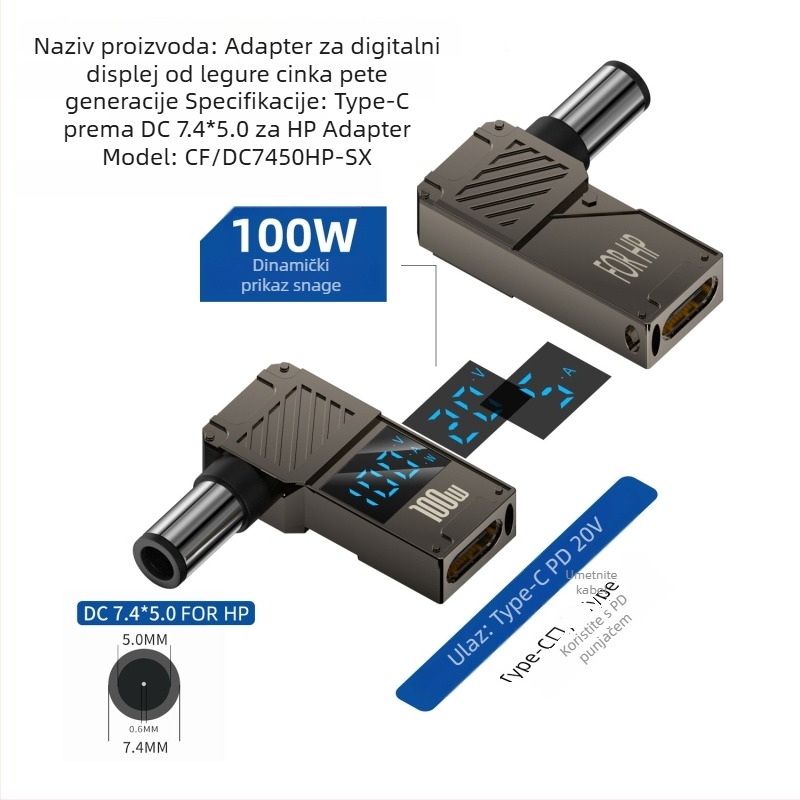 One Core Type-C na DC digitalni adapter s LCD zaslonom, PD 100W brzo punjenje, pretvarač napajanja za prijenosno računalo