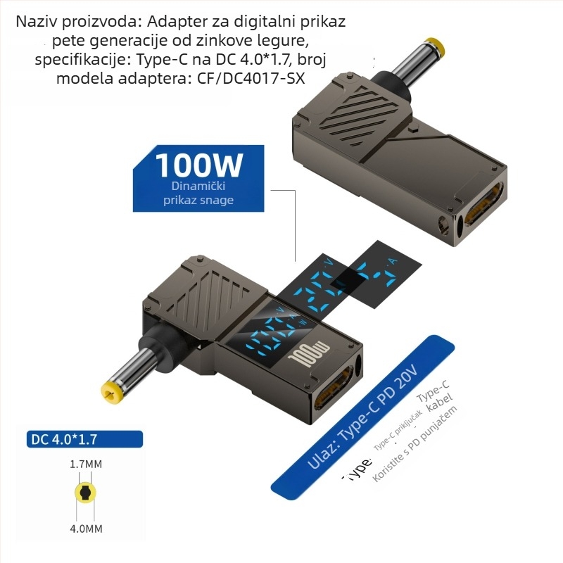 One Core Type-C na DC digitalni adapter s LCD zaslonom, PD 100W brzo punjenje, pretvarač napajanja za prijenosno računalo