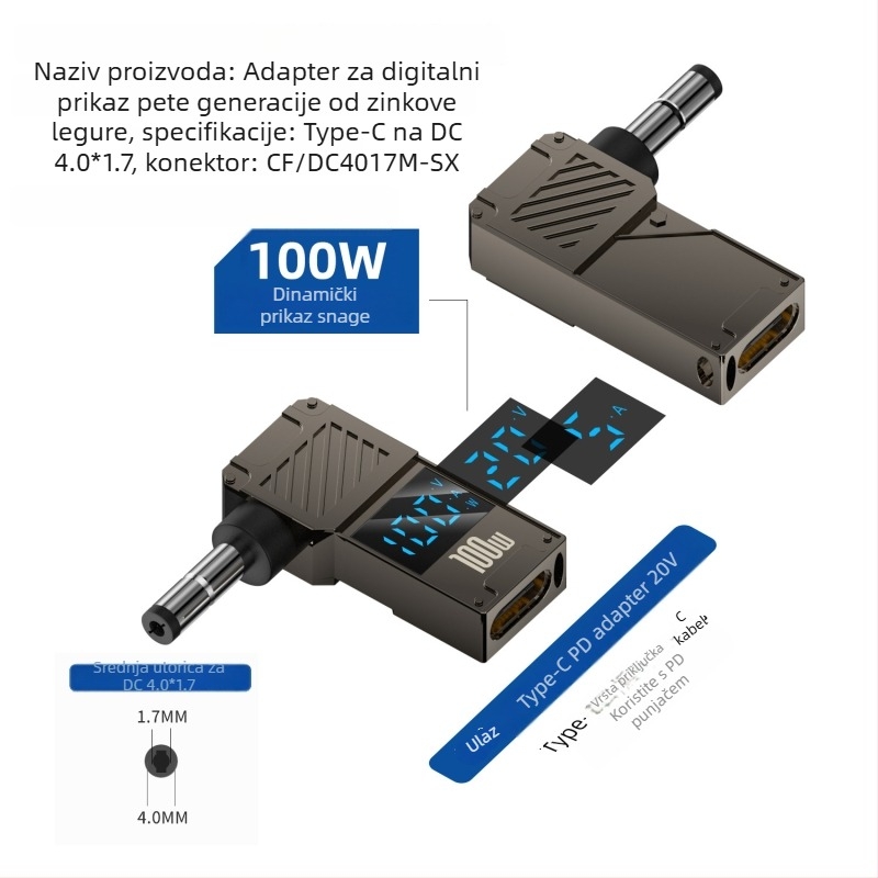 One Core Type-C na DC digitalni adapter s LCD zaslonom, PD 100W brzo punjenje, pretvarač napajanja za prijenosno računalo