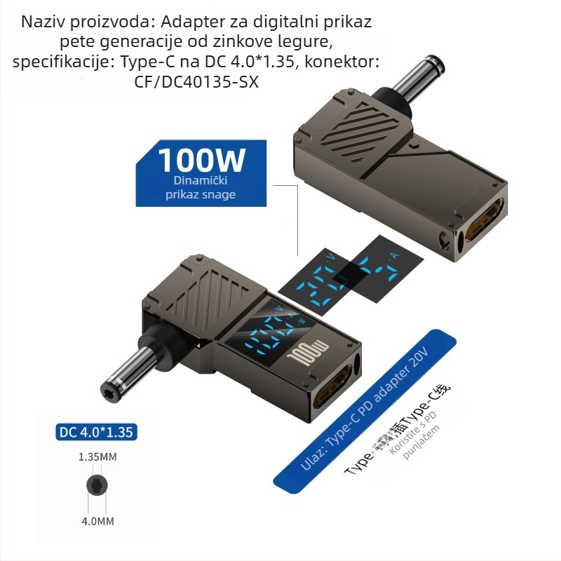 One Core Type-C na DC digitalni adapter s LCD zaslonom, PD 100W brzo punjenje, pretvarač napajanja za prijenosno računalo