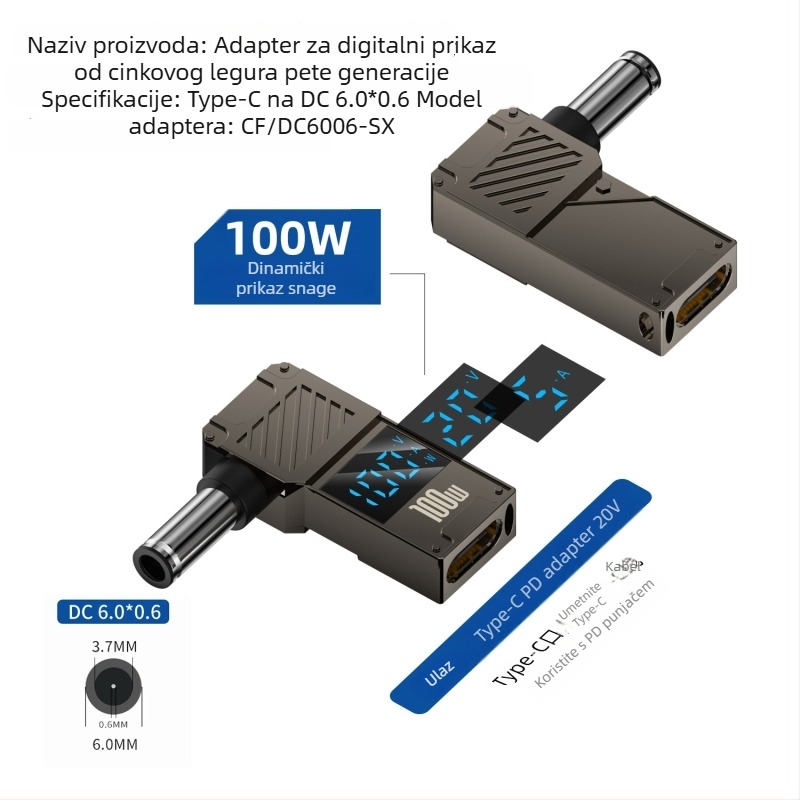 One Core Type-C na DC digitalni adapter s LCD zaslonom, PD 100W brzo punjenje, pretvarač napajanja za prijenosno računalo