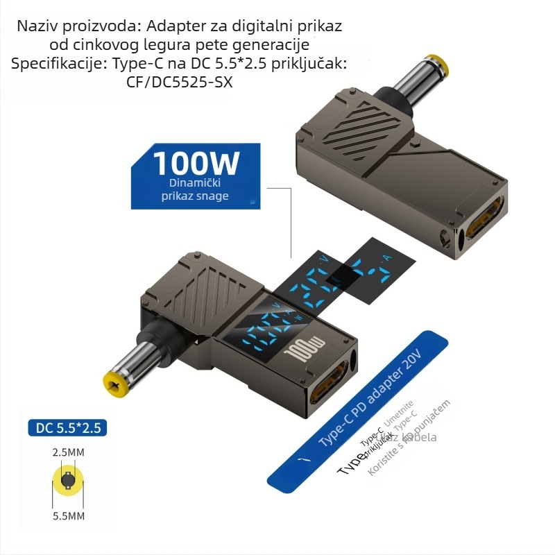 One Core Type-C na DC digitalni adapter s LCD zaslonom, PD 100W brzo punjenje, pretvarač napajanja za prijenosno računalo