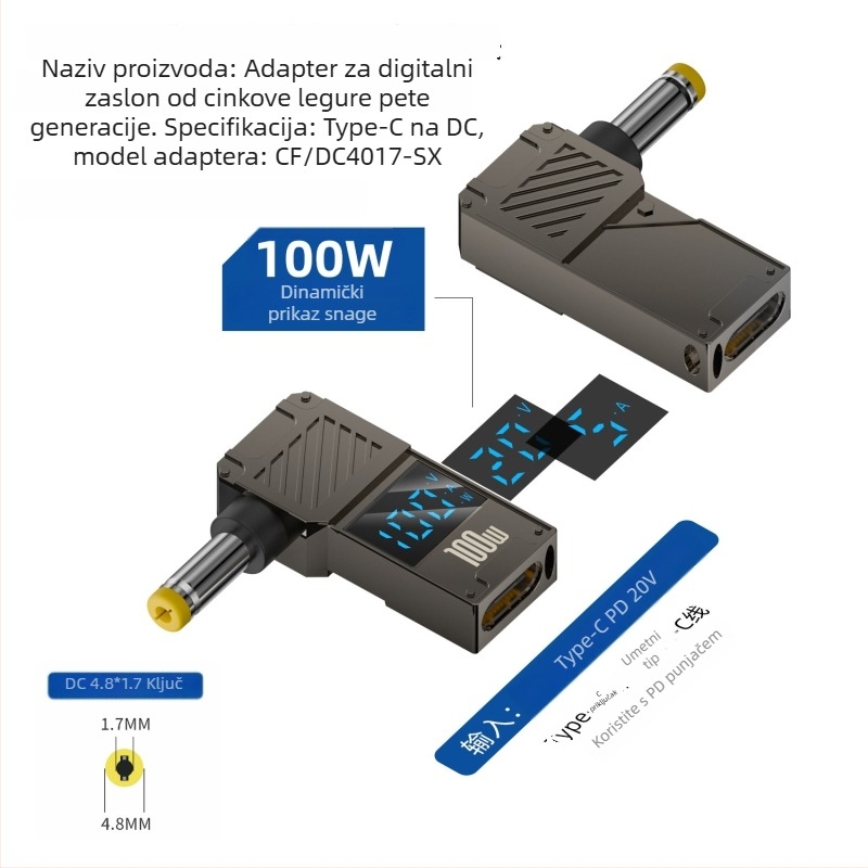 One Core Type-C na DC digitalni adapter s LCD zaslonom, PD 100W brzo punjenje, pretvarač napajanja za prijenosno računalo