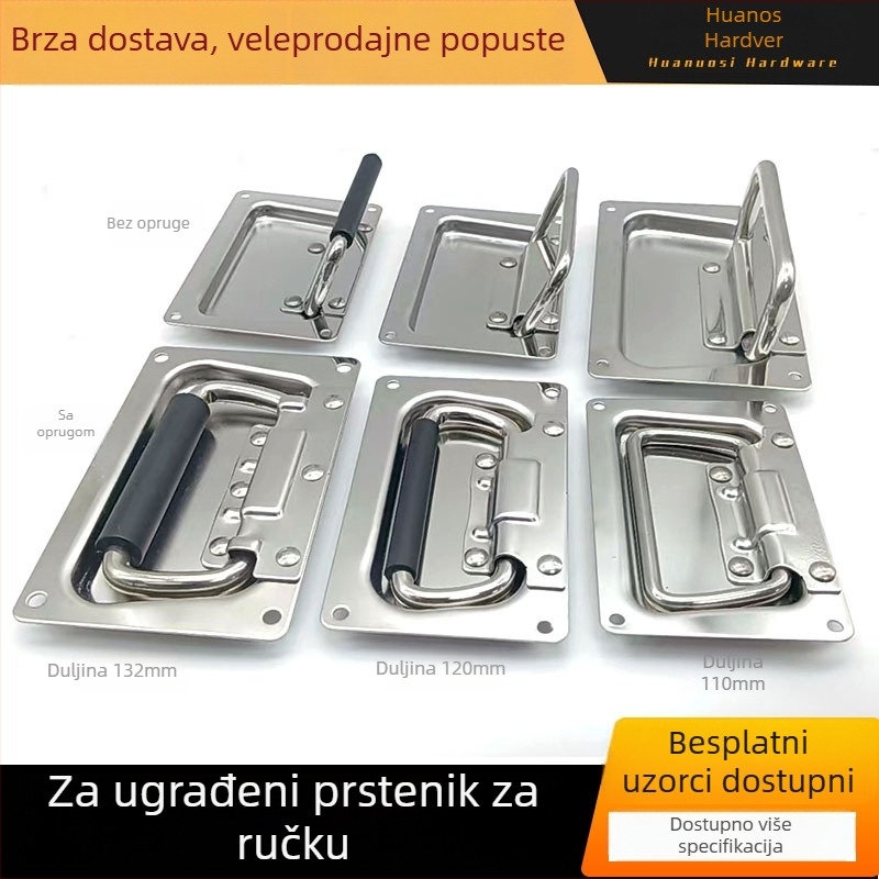 Sklopiva pokretna ručica s oprugom i poklopnim prstenom, ugrađena ručka kutije — željezo i 304 nehrđajući čelik, otiskivanje i vibracije