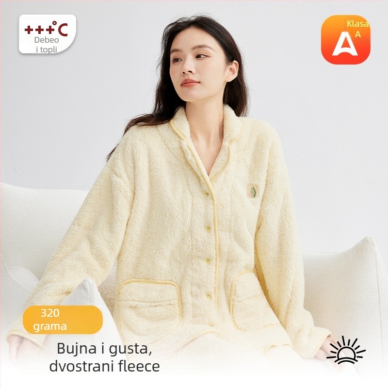 Ženski set pidžama od koralnog velura - 100% poliester, ekstra debeli (301–350 g/m²), stojeći ovratnik, dugi rukavi, dugi hlače, udobna kućna odjeća za zimu