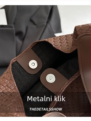Torbica Tote s pletenim uzorkom, PU materijal, vedro oblik, poliester podstava, magnetsko zatvaranje