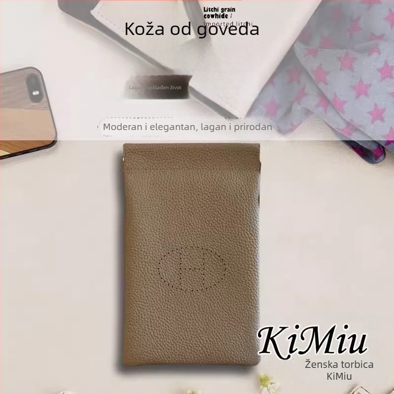 Torba za mobitel od prave kože, vertikalni kvadratni oblik, otvoreni gornji dio, unutarnji džep za novčiće, ženski model, za svakodnevnu uporabu