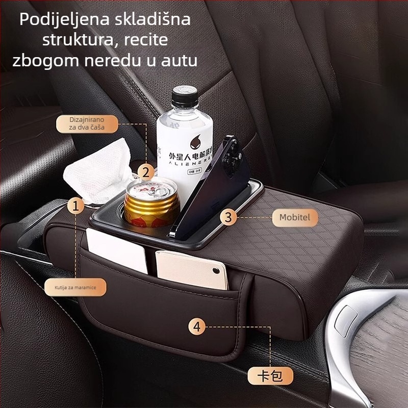 Kožni podignuti jastučić za naslon za ruku automobila – višestruka kutija za maramice, središnji prostor za pohranu i držač čaše