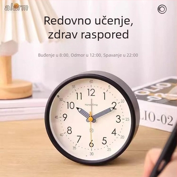 Stolni budilnik s analognim zaslonom, glatkim pomicanjem sekundne kazaljke, napajan baterijom i funkcijom alarma