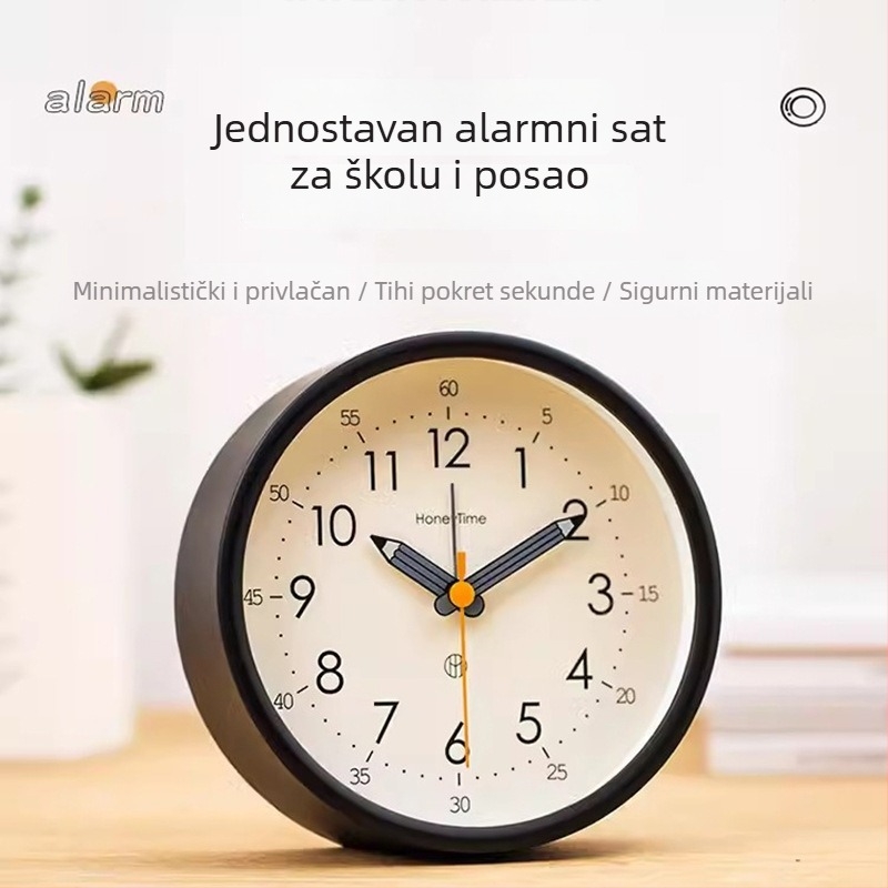 Stolni budilnik s analognim zaslonom, glatkim pomicanjem sekundne kazaljke, napajan baterijom i funkcijom alarma