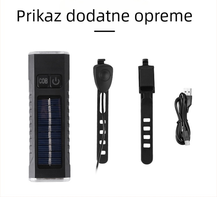 Prednje svjetlo za bicikl s alarmnom trubom, LED svjetlo, USB i solarno dvostruko punjenje