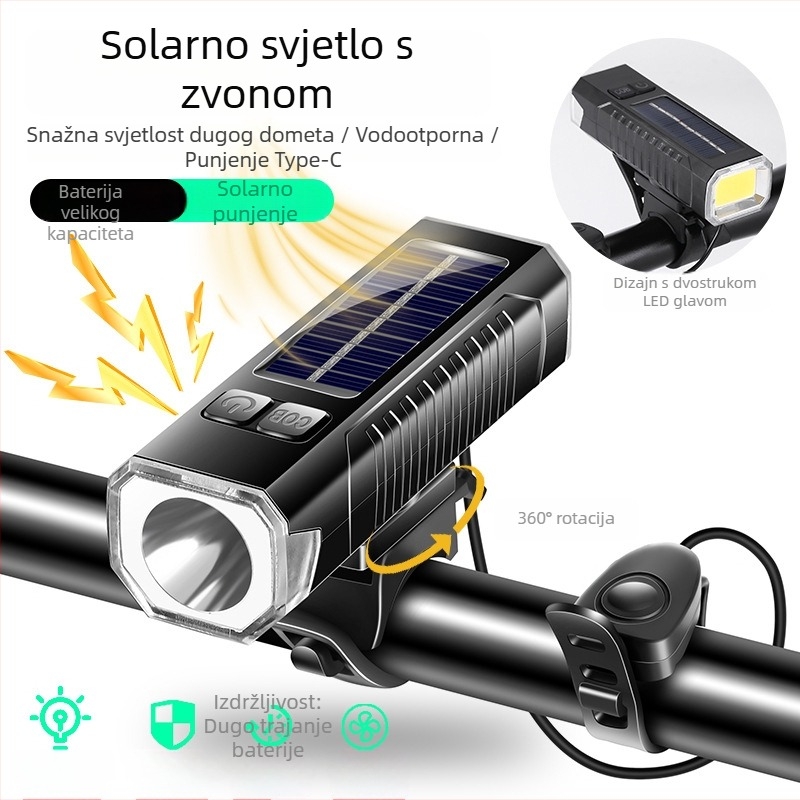 Prednje svjetlo za bicikl s alarmnom trubom, LED svjetlo, USB i solarno dvostruko punjenje