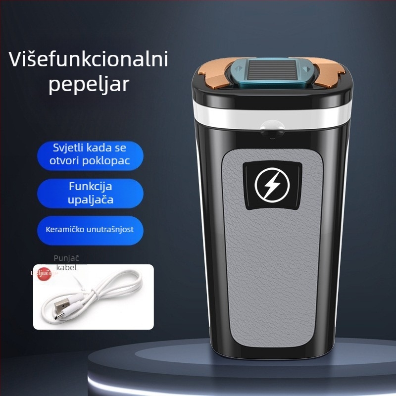 Keramički auto pepeljak sa solarnim napajanjem, visi dizajn, s upaljačem i svjetlećim keramičkim unutarnjim dijelom — Model 924, Marka Perfect Music; Materijal: keramika; Postup graviranja; Dvostruka upotreba za kuću i automobil