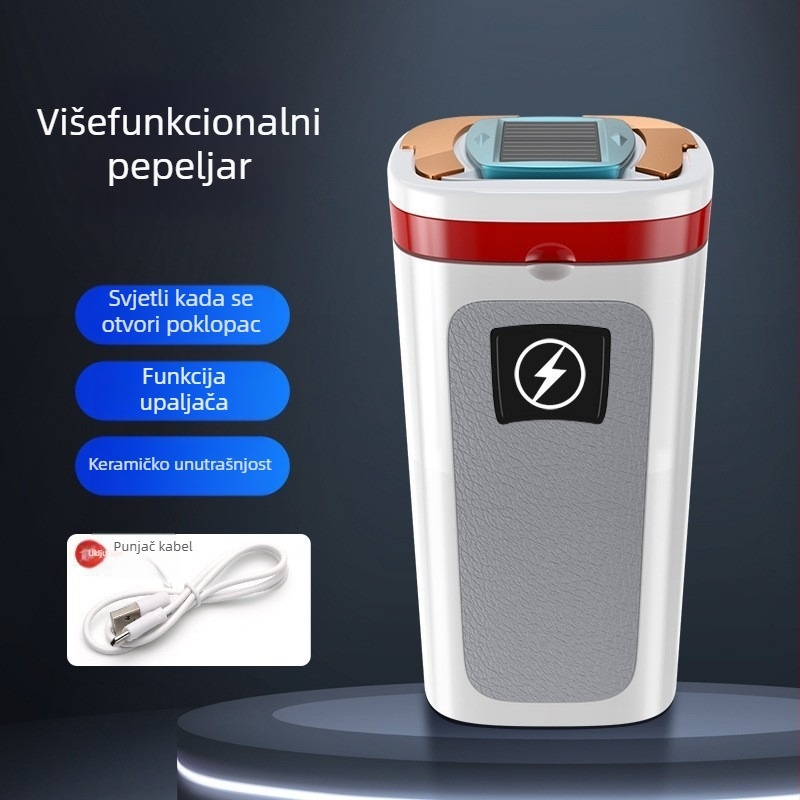 Keramički auto pepeljak sa solarnim napajanjem, visi dizajn, s upaljačem i svjetlećim keramičkim unutarnjim dijelom — Model 924, Marka Perfect Music; Materijal: keramika; Postup graviranja; Dvostruka upotreba za kuću i automobil