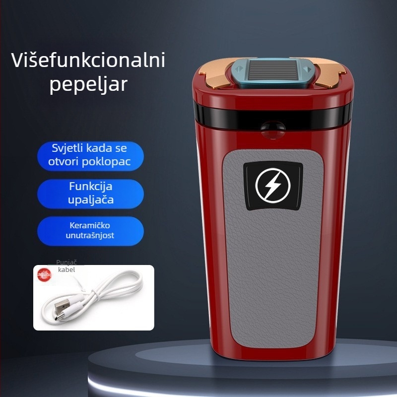 Keramički auto pepeljak sa solarnim napajanjem, visi dizajn, s upaljačem i svjetlećim keramičkim unutarnjim dijelom — Model 924, Marka Perfect Music; Materijal: keramika; Postup graviranja; Dvostruka upotreba za kuću i automobil