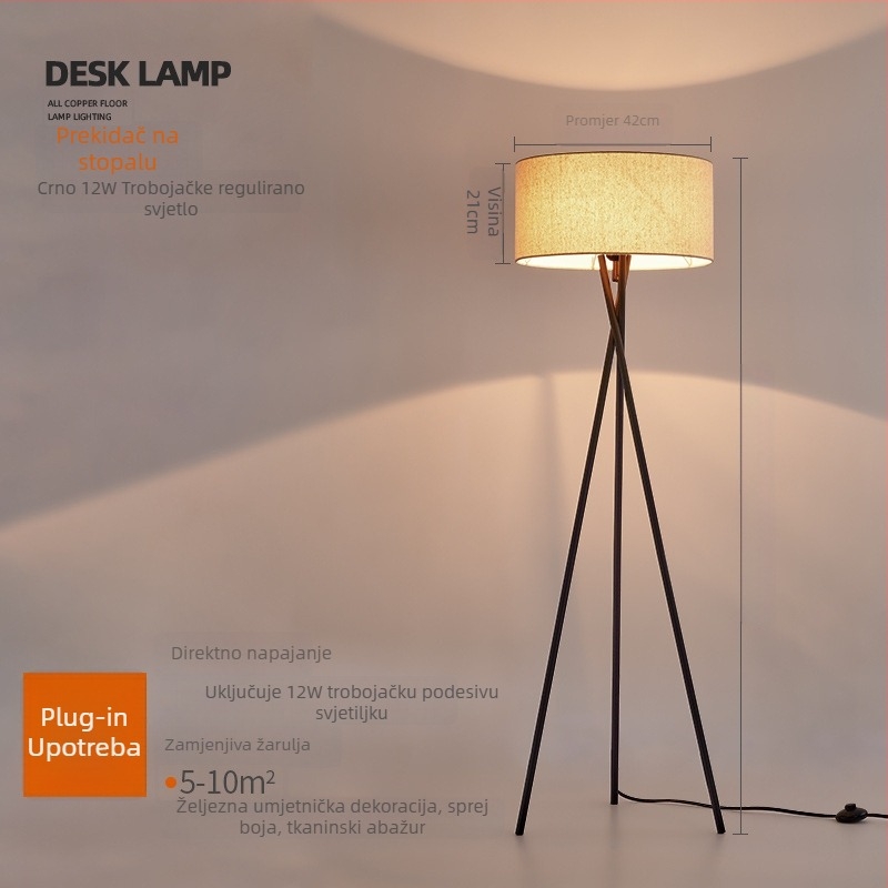 Skandinavska podna lampa LED, 220V, abažur od tkanine, metalno tijelo, 1 izvor svjetla, pogodna za dnevni boravak ili spavaću sobu