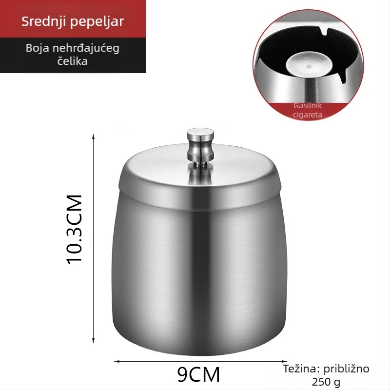 Nehrđajući čelični pepelnjak s poklopcem, debela konstrukcija, protiv raspršivanja pepela i padova, moderni minimalistički dizajn
