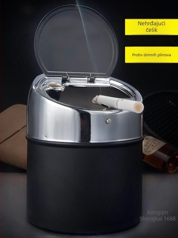 Pepeljara od nehrđajućeg čelika s poklopcem – za automobil, dom i ured; mogućnost prilagodbe; težina 1,0 kg.