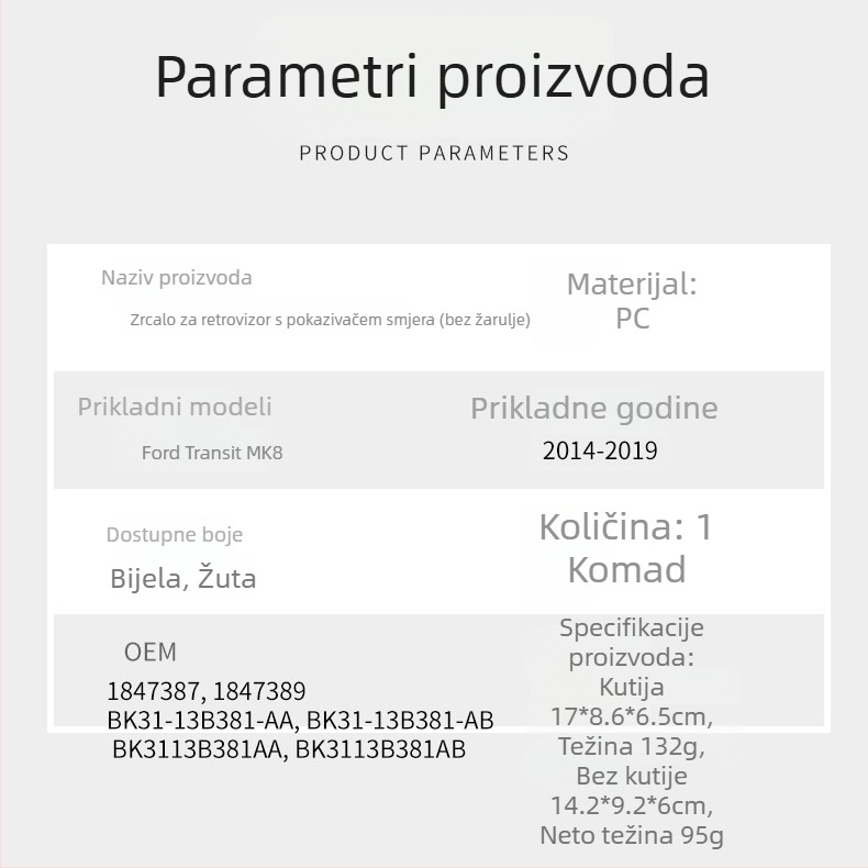 CZPINCHEN Ford Transit MK8 kućište svjetlosnog signala za retrovizor, PC materijal, modeli BK31-13B381-AB / BK31-13B382-AB