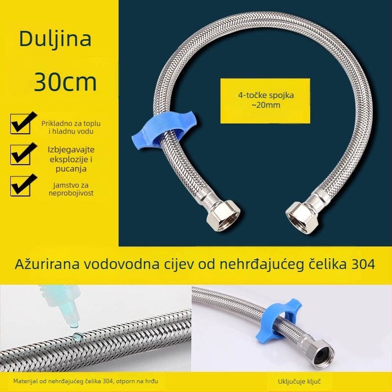 304 nehrđajući čelik opleteni crijevo za toplu i hladnu vodu, ručna ugradnja, tlak 1,6 MPa, 0–100°C