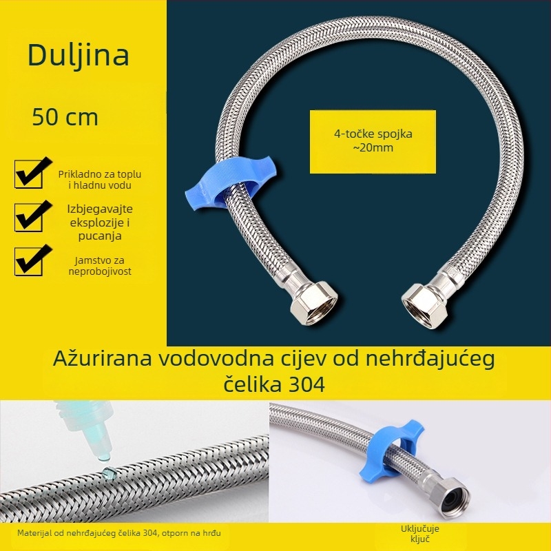 304 nehrđajući čelik opleteni crijevo za toplu i hladnu vodu, ručna ugradnja, tlak 1,6 MPa, 0–100°C
