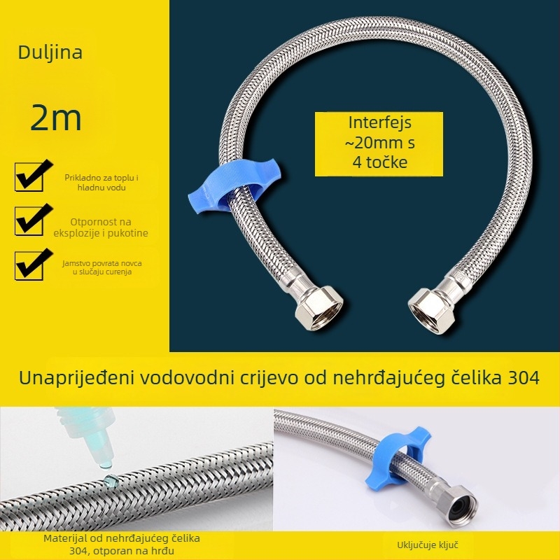 304 nehrđajući čelik opleteni crijevo za toplu i hladnu vodu, ručna ugradnja, tlak 1,6 MPa, 0–100°C