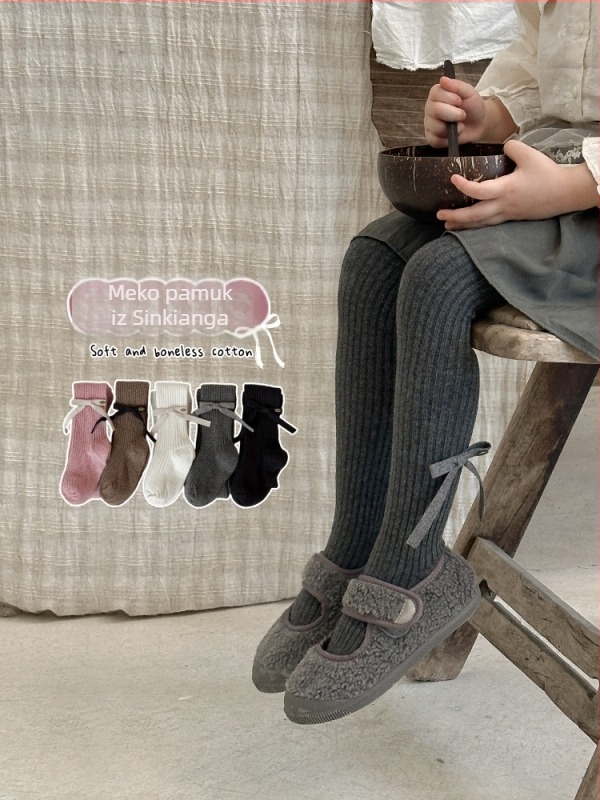 Baletni stil dječje pantyhose s mašnicom, jednobojne, 80% pamuk, srednja duljina, prozračne, jesen-zima 2025