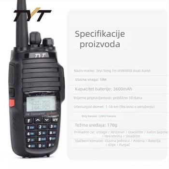 Walkie-Talkie TYT UV8000D | Dual-band, Ručno za vanjsku upotrebu, Visoka snaga, 258 kanala, 3600mAh baterija