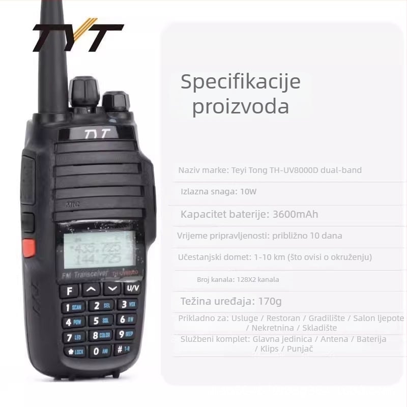 Walkie-Talkie TYT UV8000D | Dual-band, Ručno za vanjsku upotrebu, Visoka snaga, 258 kanala, 3600mAh baterija