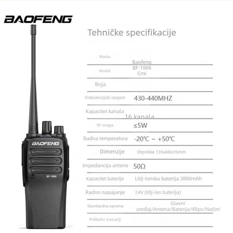 Baofeng BF-1909 ručna radio-stanica, visoka snaga, USB podrška, za gradilišta, vanjska upotreba
