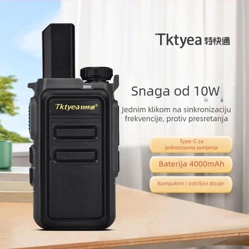 Prijenosni radio s 16 kanala, izlazna snaga 10 W, domet 1,5–3 km, teoretska udaljenost 3–5 km, baterija 4000 mAh