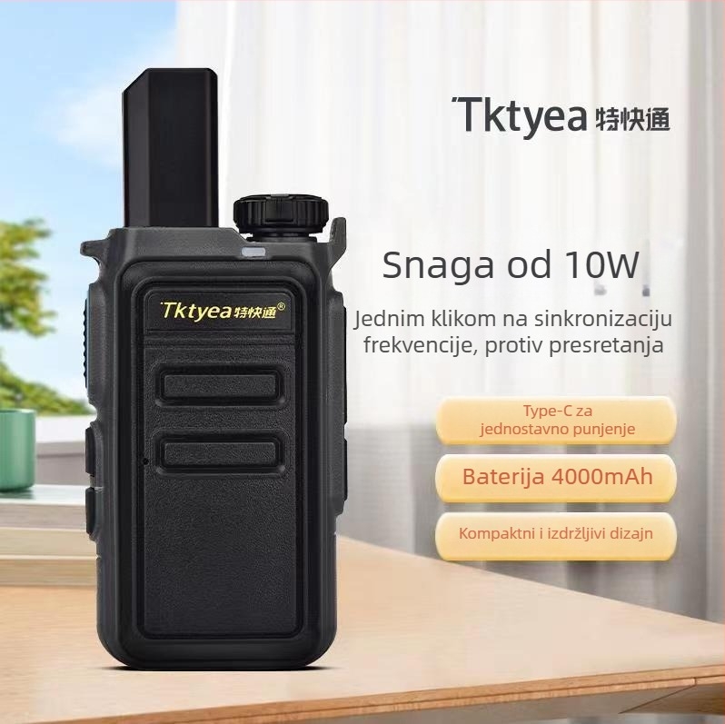 Prijenosni radio s 16 kanala, izlazna snaga 10 W, domet 1,5–3 km, teoretska udaljenost 3–5 km, baterija 4000 mAh