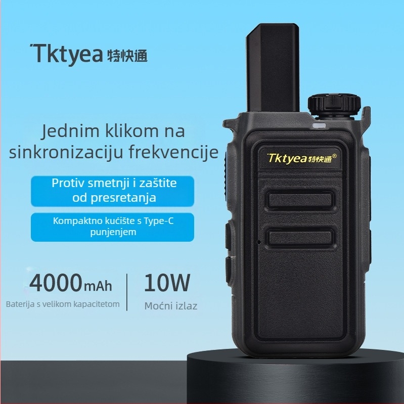 Prijenosni radio s 16 kanala, izlazna snaga 10 W, domet 1,5–3 km, teoretska udaljenost 3–5 km, baterija 4000 mAh