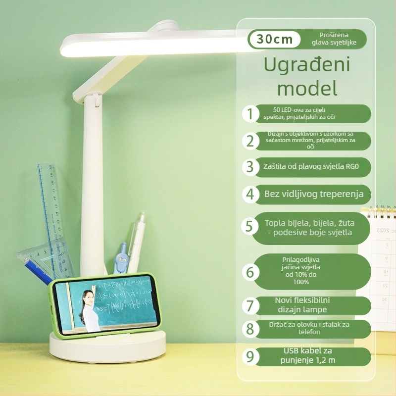 Stolna LED lampa za zaštitu očiju, USB napajanje, tri temperature svjetla 3000K/4000K/6500K, dodirni prekidač, ABS sjenilo