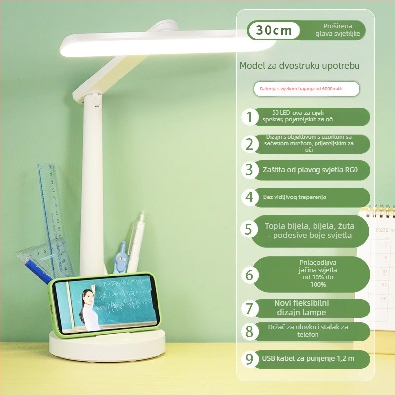 Stolna LED lampa za zaštitu očiju, USB napajanje, tri temperature svjetla 3000K/4000K/6500K, dodirni prekidač, ABS sjenilo